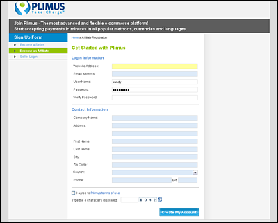 Screenshot Of Plimus Account Registration Page